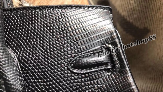 Hermes專櫃經典款手提女包 愛馬仕birkin25 進口蜥蜴皮 黑色銀扣 純手工蠟線 ttd1031